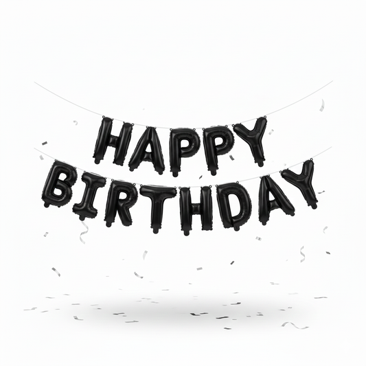 Black 'Happy Birthday' balloon banner on a white background